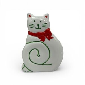 Christmas Cat spoon rest trinket dish ceramic big red bow green swirl 5" Current